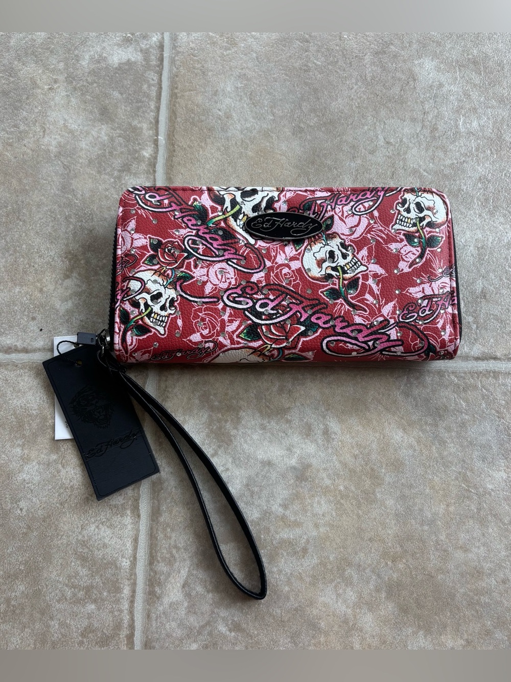 Ed Hardy Pink Skull & Rose Zip-Around Wristlet